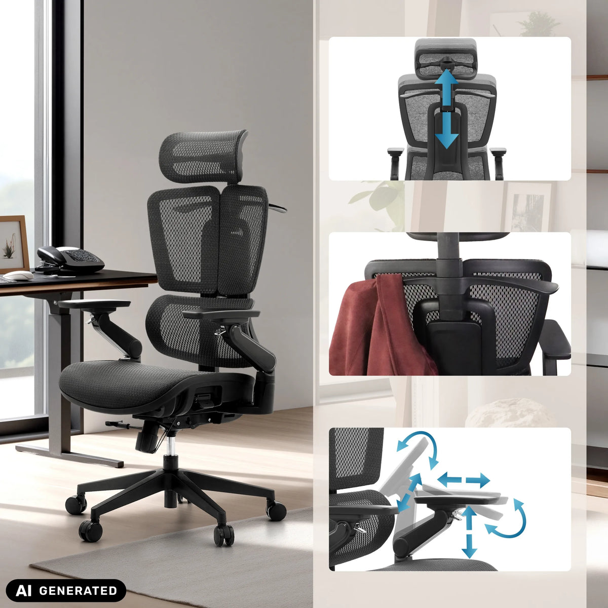 Appui-tête et accoudoirs réglables du siège de bureau de qualité professionnelle Ergo U2 Pro3 en noir de hjh OFFICE (image générée par IA)