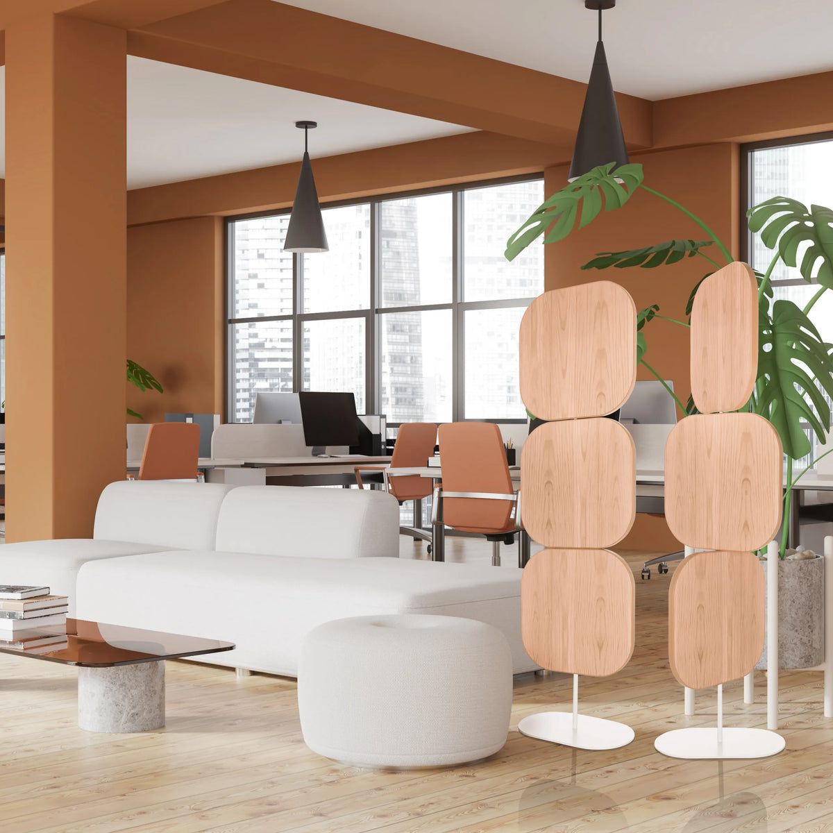 Cloisons de séparation FLEXMIUT W beiges aspect bois avec éléments arrondis sur pieds blancs de hjh OFFICE