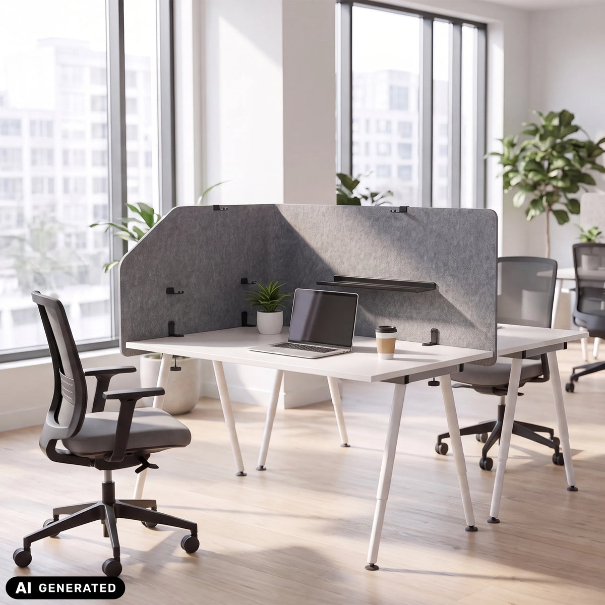 Cloison de table grise FLEXMIUT T TOP de 160 cm de longueur sur un bureau blanc de hjh OFFICE (image générée par IA)