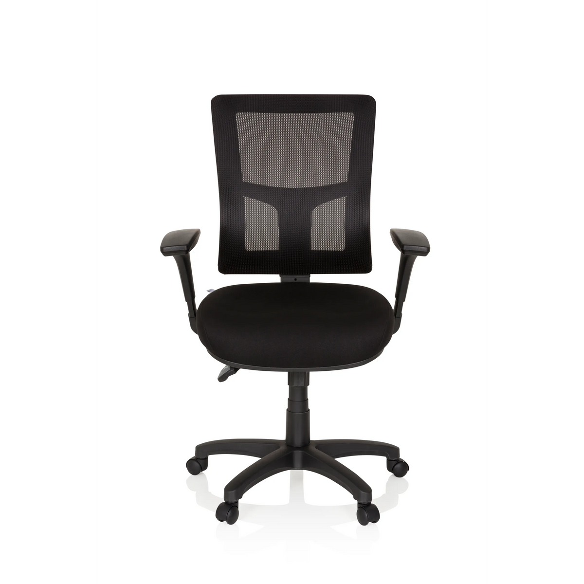 Siège de direction de qualité professionnelle IMPACT PRO noir avec dossier en maille et base à cinq roulettes de hjh OFFICE – vue à 360° (vue de face 0°)