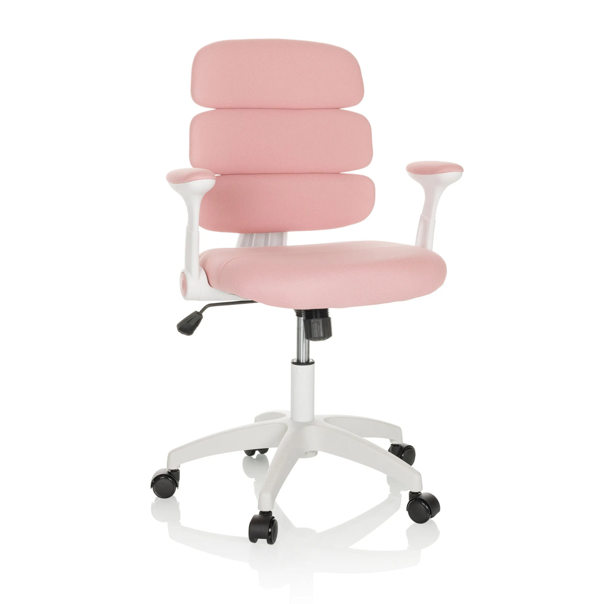 Chaise pivotante pour des enfants KID ERGOLINO W rose avec dossier segmenté et piètement blanc à cinq roulettes de hjh OFFICE – vue à 360° (vue de face 15°)