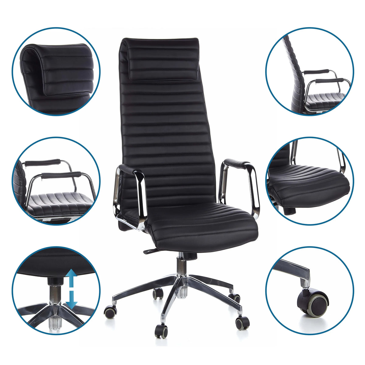 Siège de direction de luxe ASPERA 20 en noir avec vues détaillées du rembourrage et des roulettes de hjh OFFICE