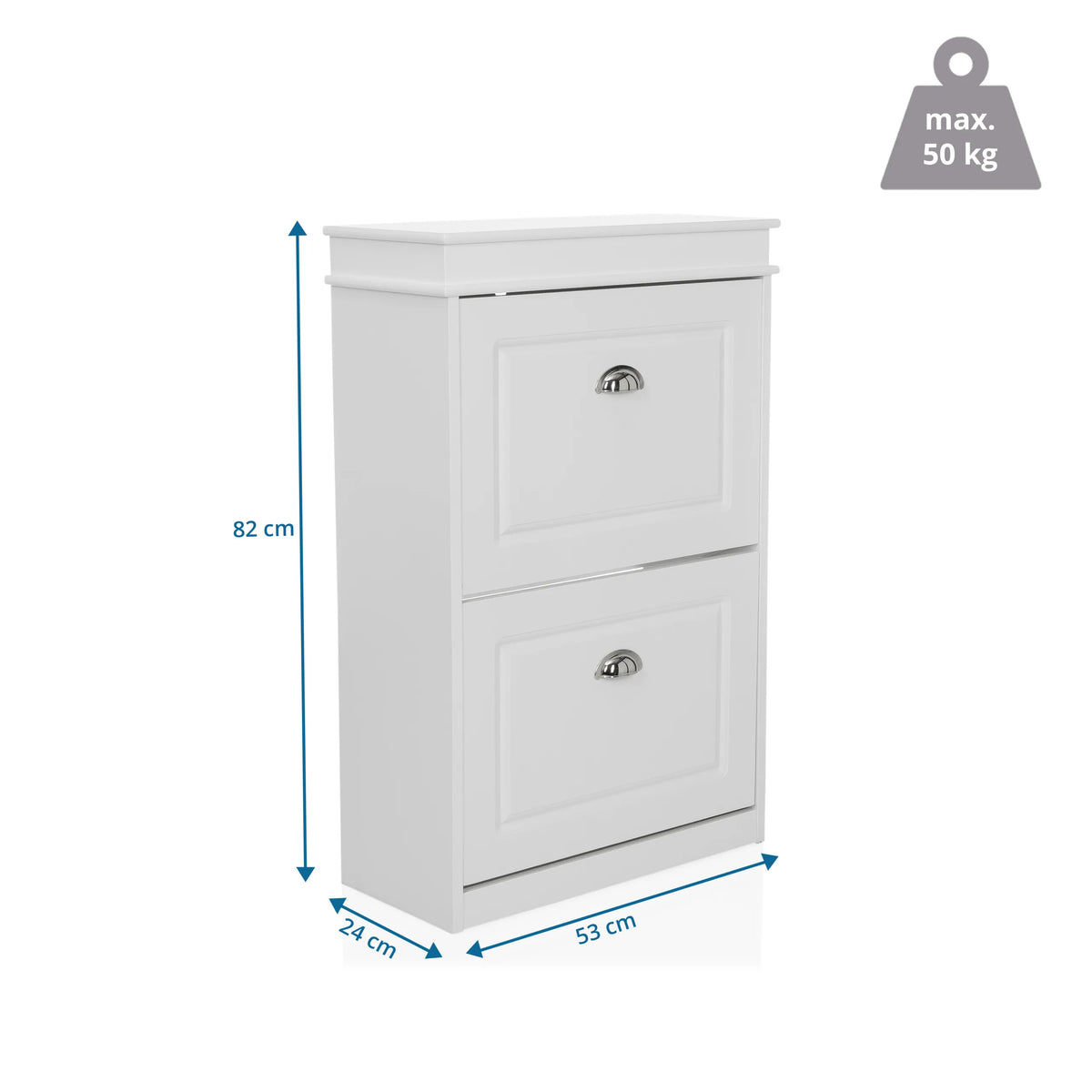 Dessin technique de l'armoire à chaussures ESTHA 2 de 82 × 53 cm et une capacité de charge de 50 kg de hjh LIVING