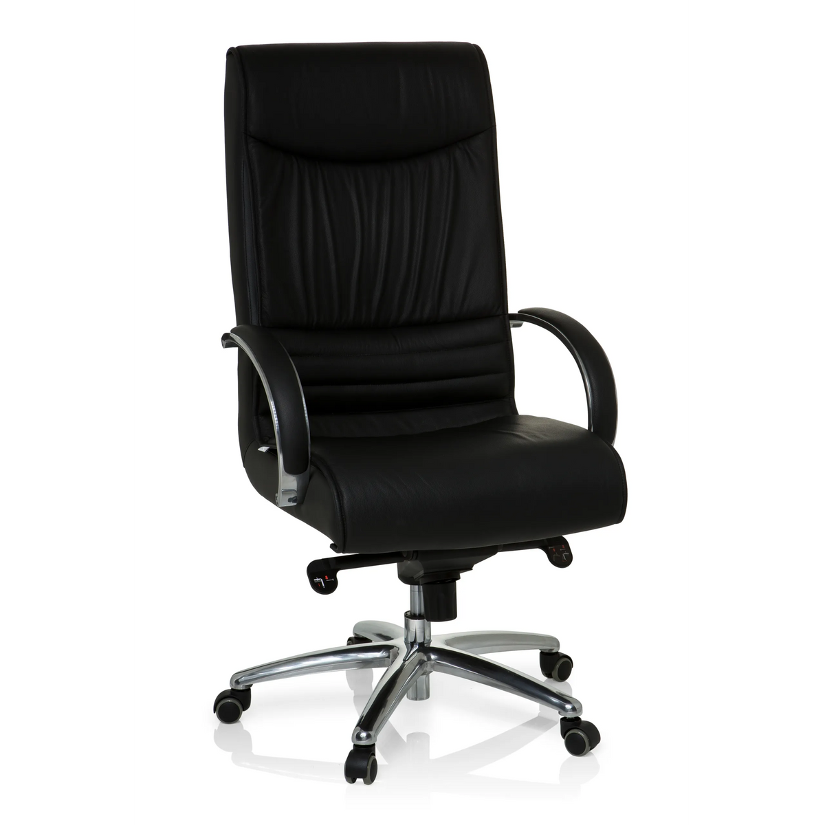 Siège pivotant XXL F 400 noir en cuir avec pied en étoile et cinq roulettes de hjh OFFICE – vue à 360° (vue de face 20°)