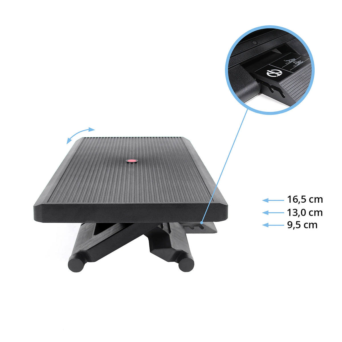 Repose-pieds réglable en hauteur PIEDINO STRIPE PRO en noir avec des dimensions de 9,5 cm, 13,0 cm et 16,5 cm de hjh OFFICE