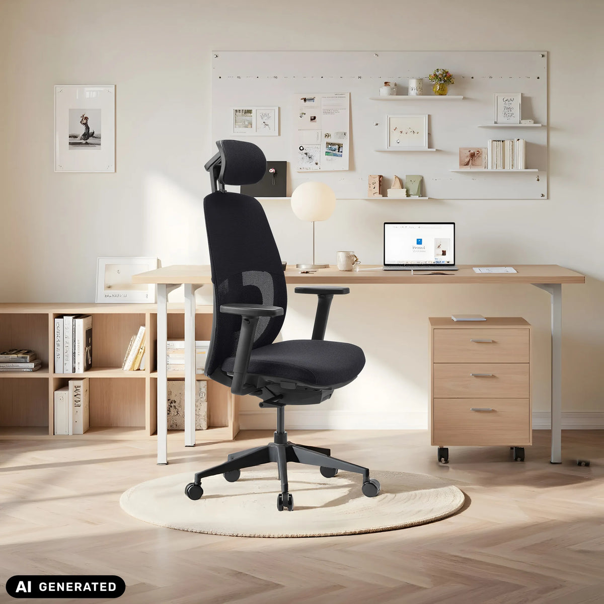 Schwarzer Profi-Bürostuhl Skandis Pro mit Kopfstütze in einem Homeoffice von hjh OFFICE (KI-generiertes Bild)