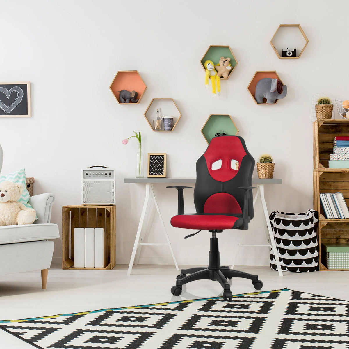 Chaise pivotante pour des enfants KID GAME AL en noir et rouge avec accoudoirs et roulettes de hjh OFFICE
