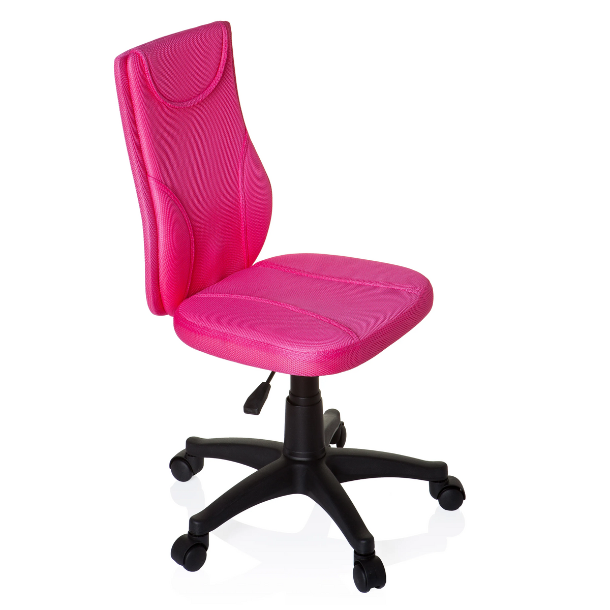 Pinker Kinderdrehstuhl KIDDY BASE mit Netzrücken und schwarzem Fußkreuz mit fünf Rollen von hjh OFFICE – 360-Grad-Ansicht (schräge Frontansicht 60°)