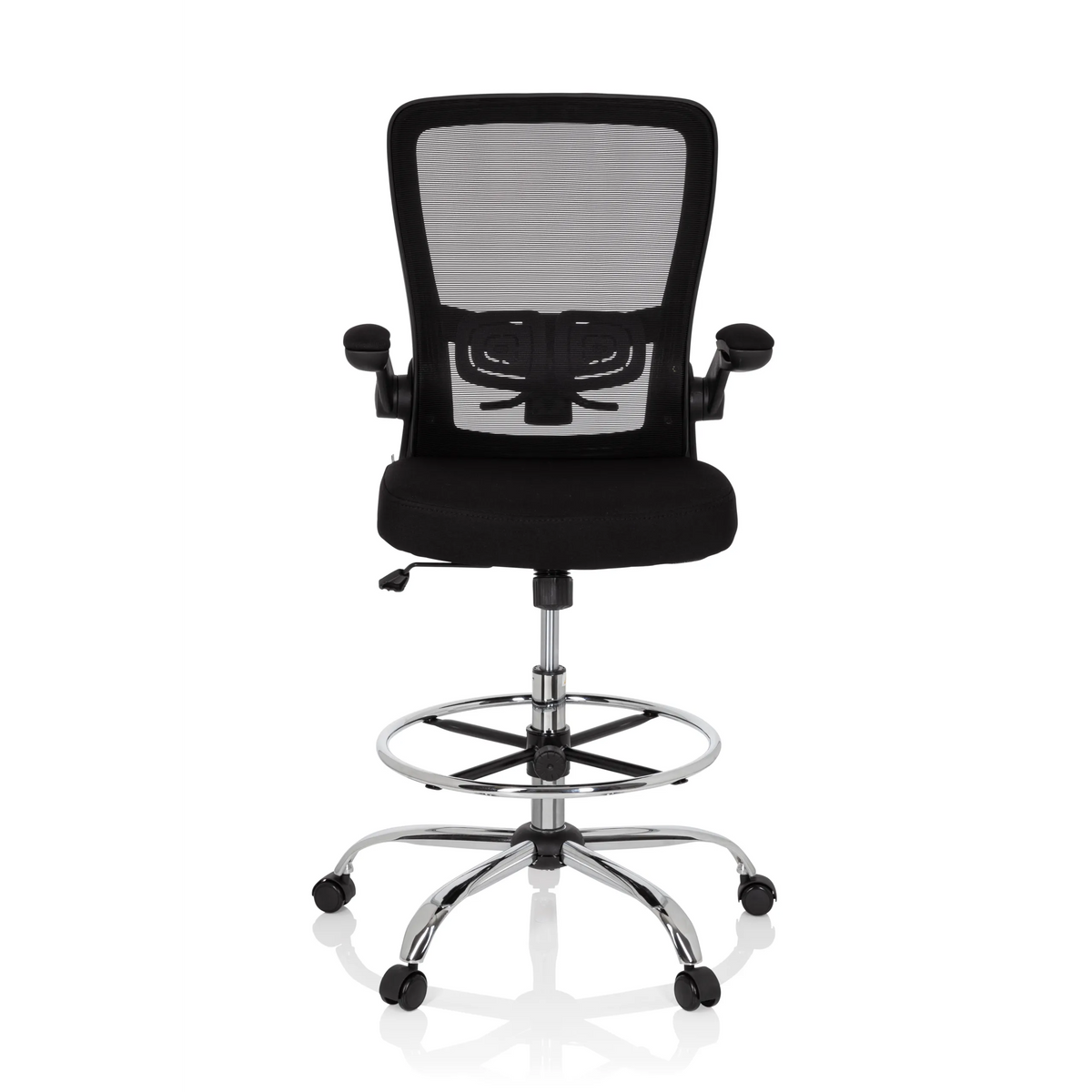 Chaise de comptoir VENDO WORK noire avec dossier en maille, repose-pieds et piètement à cinq roulettes de hjh OFFICE – vue à 360° (vue de face 0°)