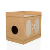 Maison pour chat KITTYHOME 2 couleur hêtre avec deux portes, ouvertures ovales et une étagère de hjh LIVING – vue à 360° (vue de trois quarts avant 45°)