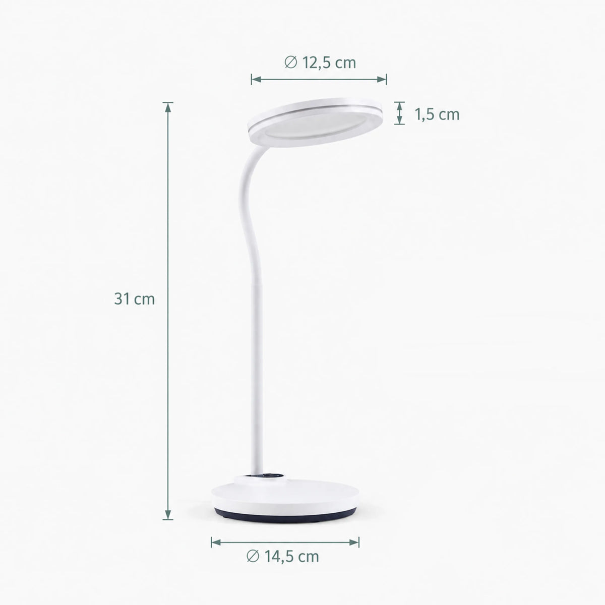 Dessin technique de la lampe de bureau Lumanova D5 avec une hauteur de 31 cm et un diamètre de pied de 14,5 cm de hjh OFFICE