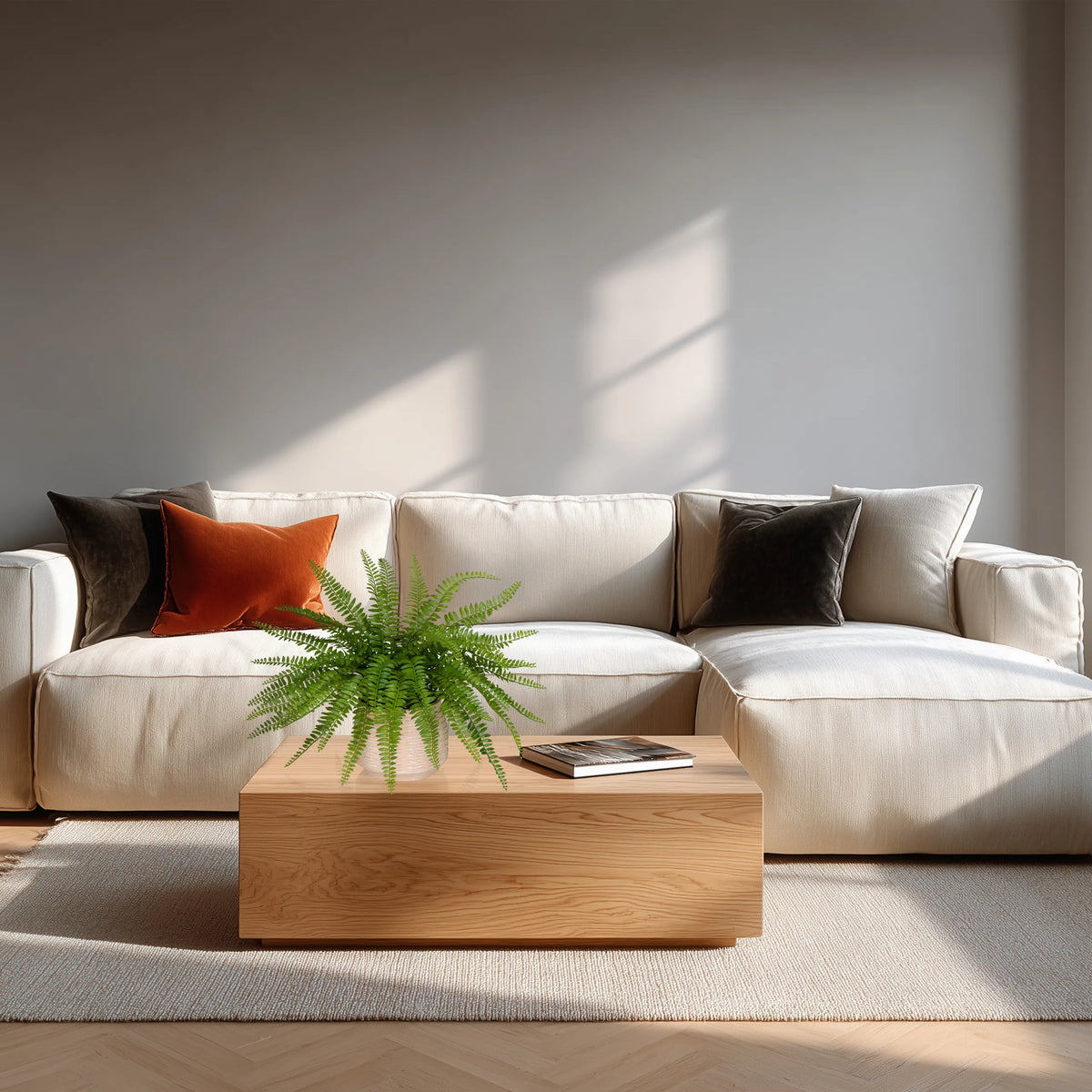 Plante artificielle verte Proliferum dans un pot blanc sur une table en bois de hjh OFFICE