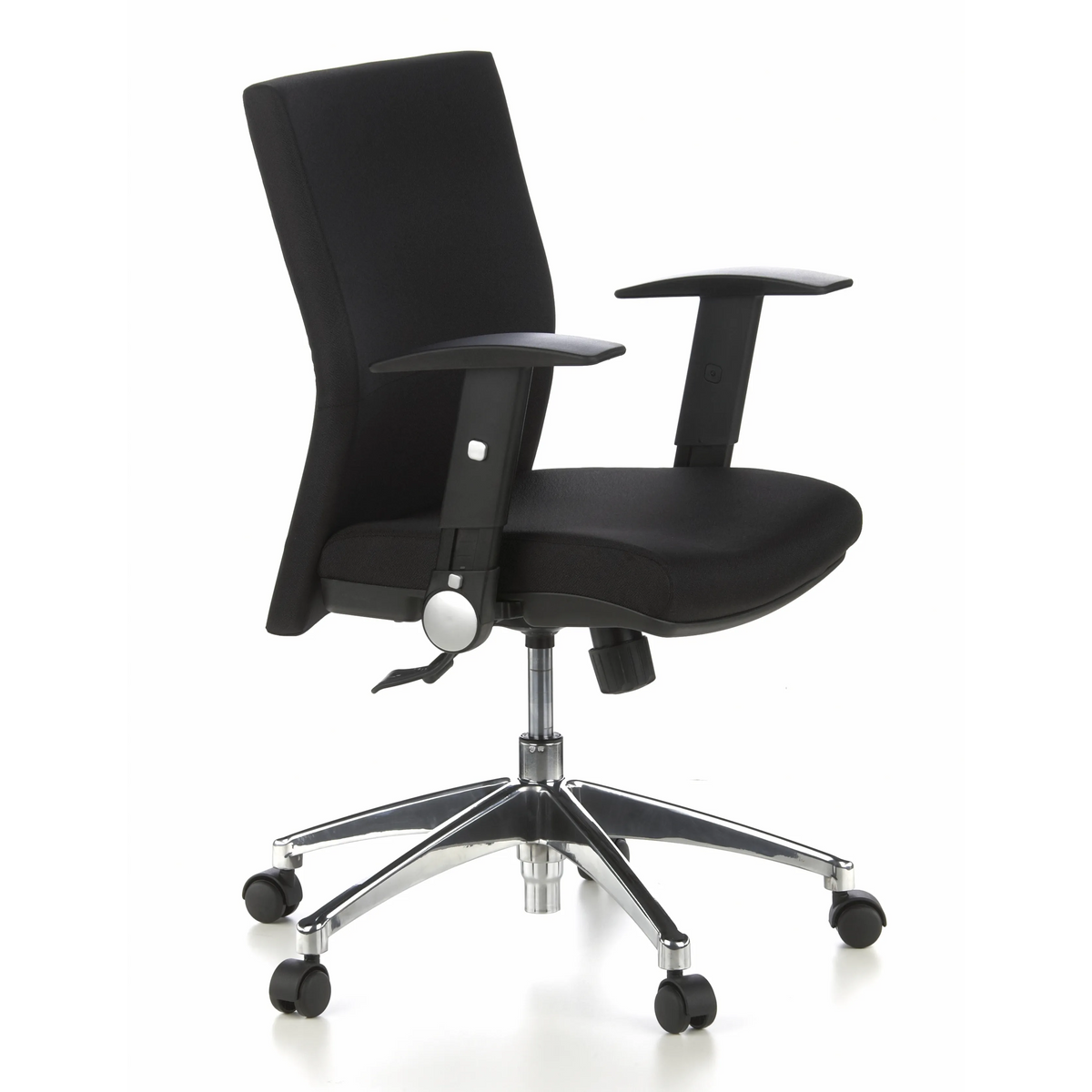 Siège de bureau de qualité professionnelle LAGUNA PRO noir avec accoudoirs et piétement à cinq roulettes de hjh OFFICE – vue à 360° (vue de trois quarts avant 60°)