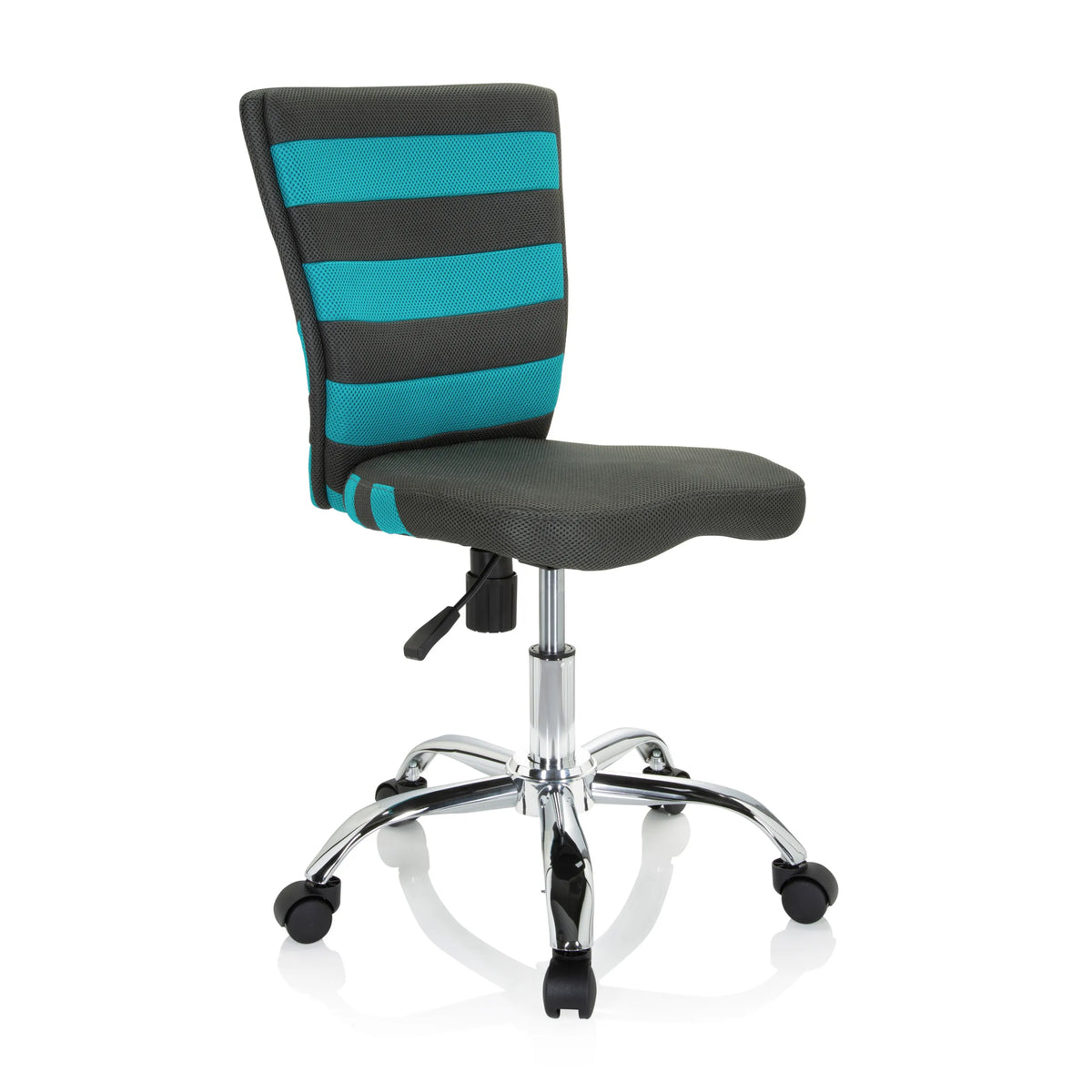 Chaise pivotante pour enfants KIDDY COMFORT I grise avec des rayures turquoise dans le dossier en maille et un piètement à cinq roulettes de hjh OFFICE – vue à 360° (vue de trois quarts avant 40°)