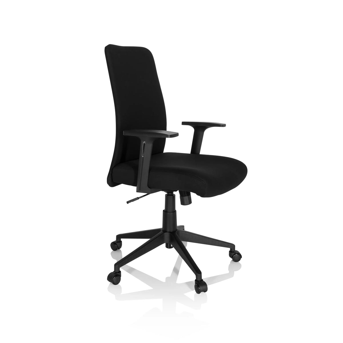 Siège de bureau à domicile COSIO I noir avec accoudoirs et base à cinq roulettes de hjh OFFICE – vue à 360° (vue de trois quarts avant 60°)