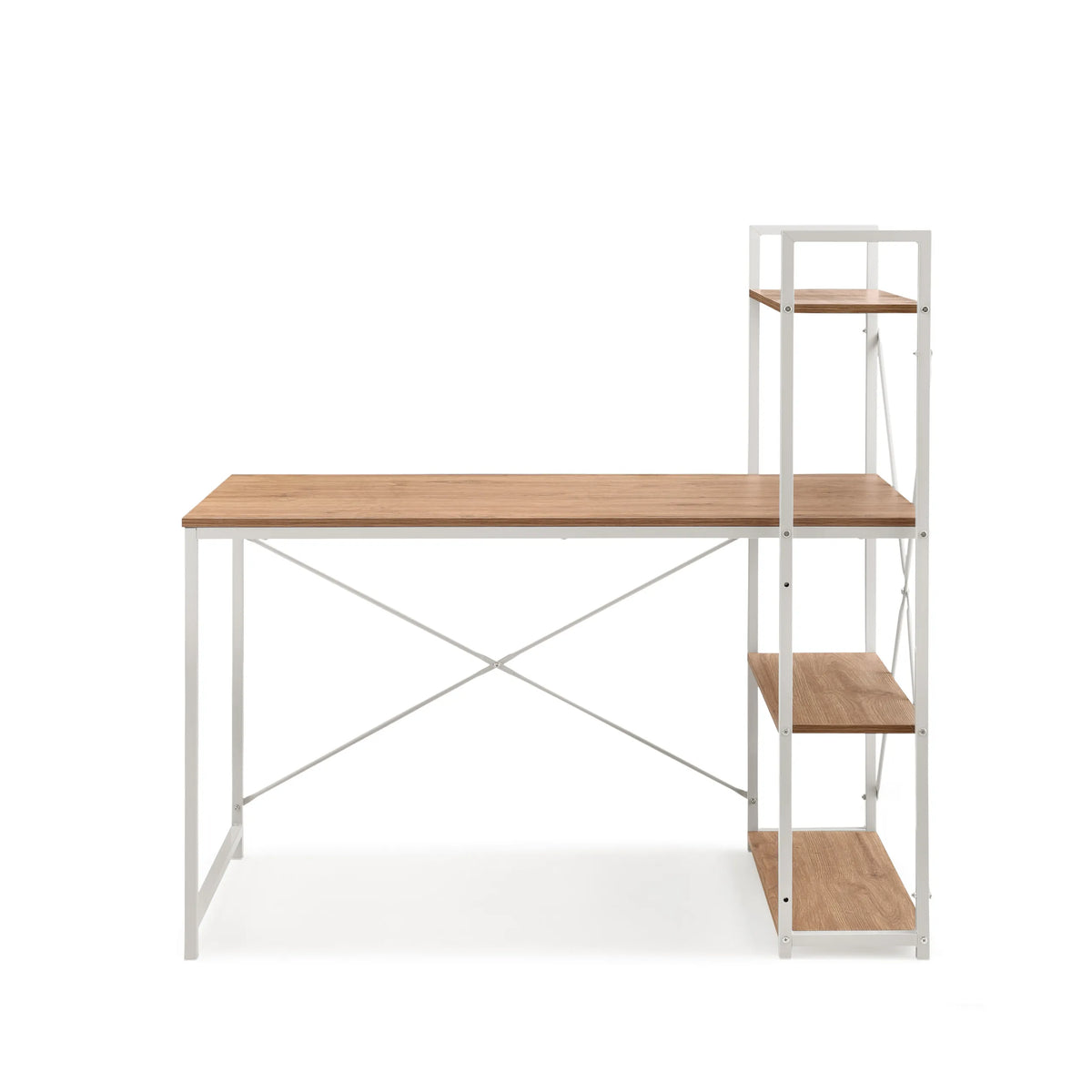 Bureau Easy Up3 en blanc et chêne avec étagère intégrée et traverses en X de hjh LIVING – vue à 360° (vue de face 0°)