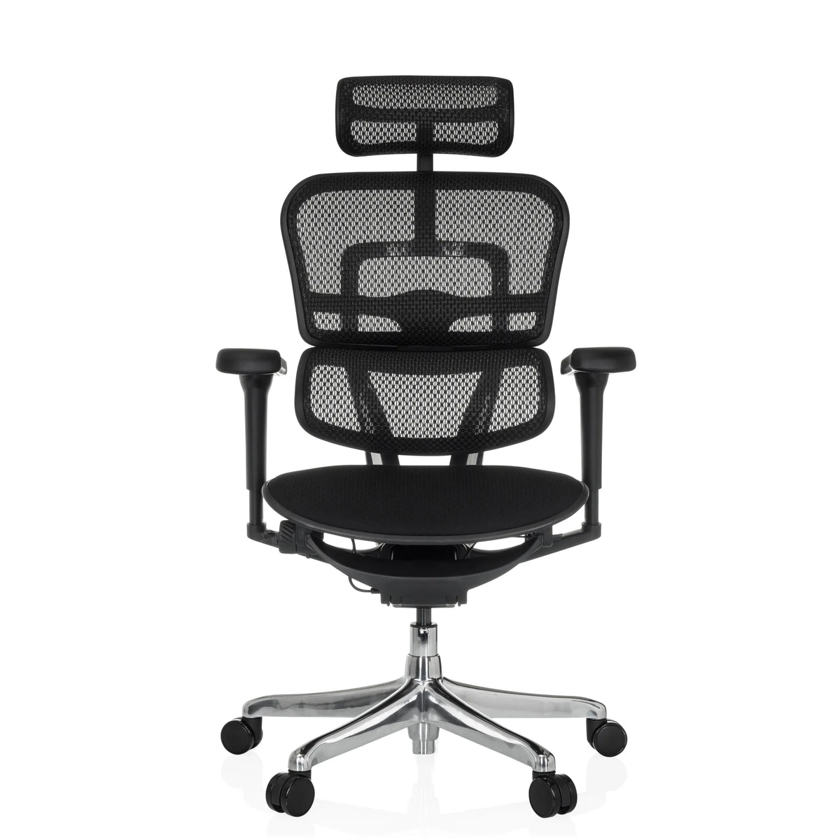 Siège de direction de luxe ERGOHUMAN ULTRA F GEN2 noir avec dossier en maille et pied à cinq roulettes de hjh OFFICE – vue à 360° (vue de face 0°)