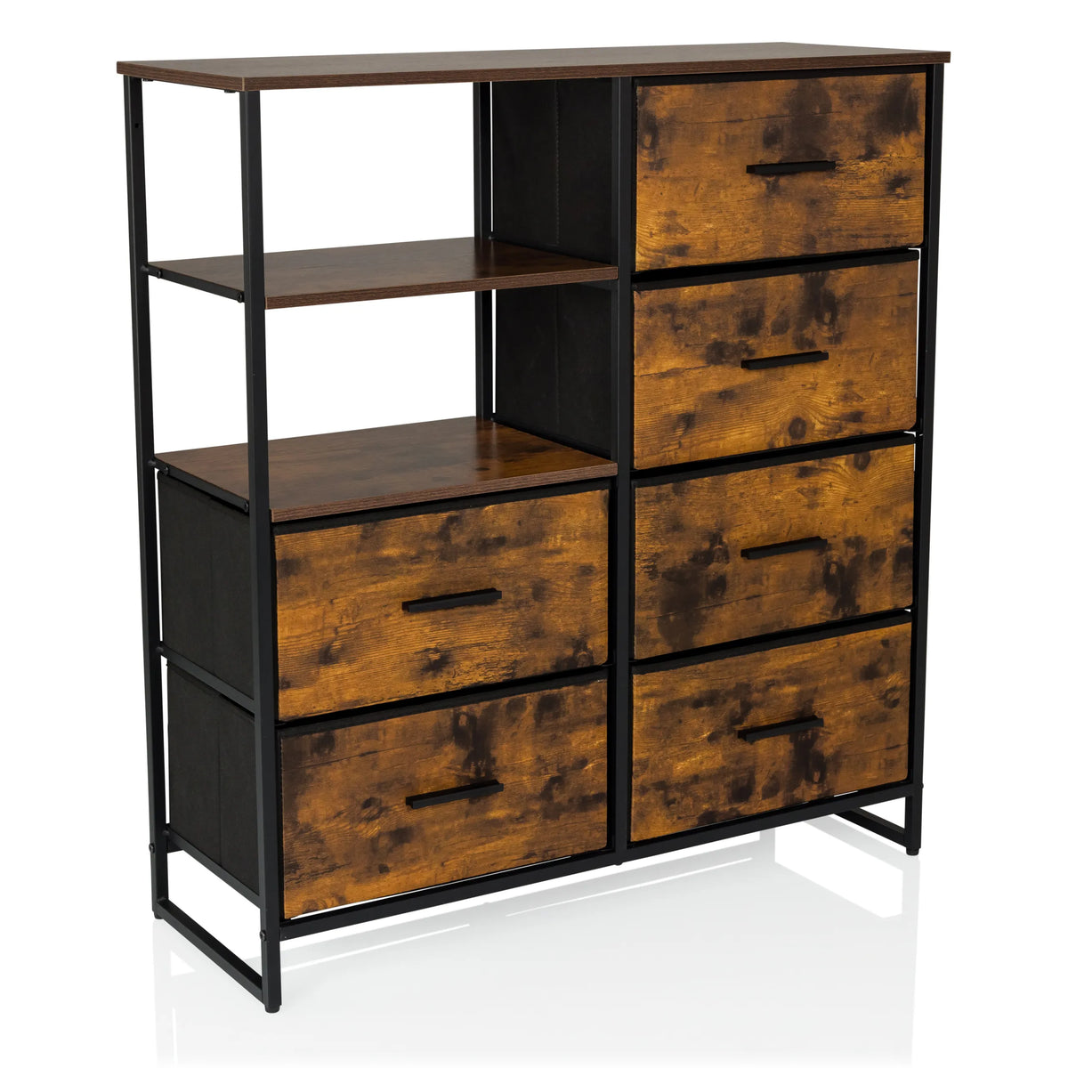 Commode RAGALA en chêne fumé avec accents en métal noir, deux étagères et six tiroirs de hjh LIVING – vue à 360° (vue de trois quarts avant 30°)