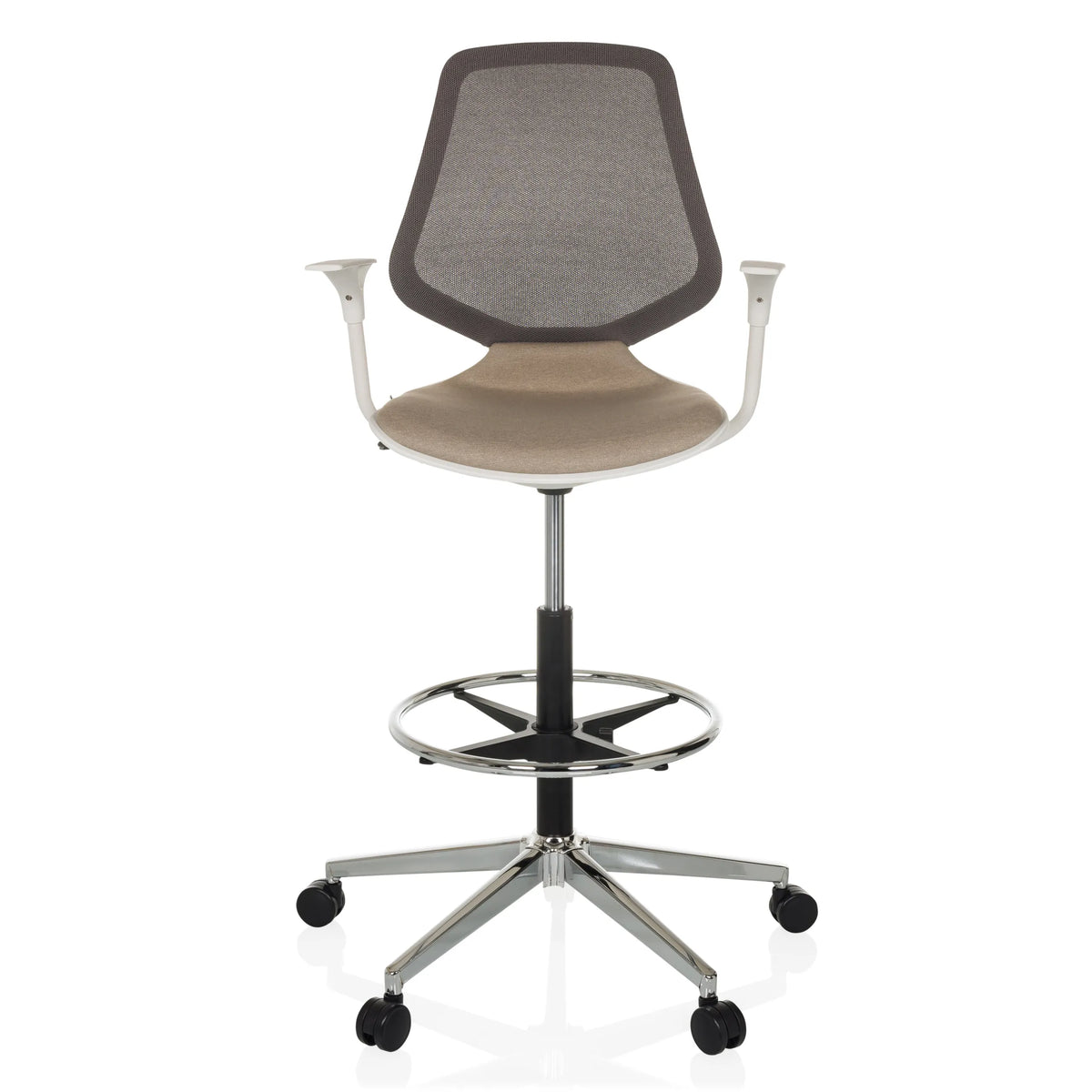 Chaise de comptoir TOP WORK STYLE beige avec dossier en maille, repose-pieds et base à cinq roulettes de hjh OFFICE – vue à 360° (vue de face 0°)
