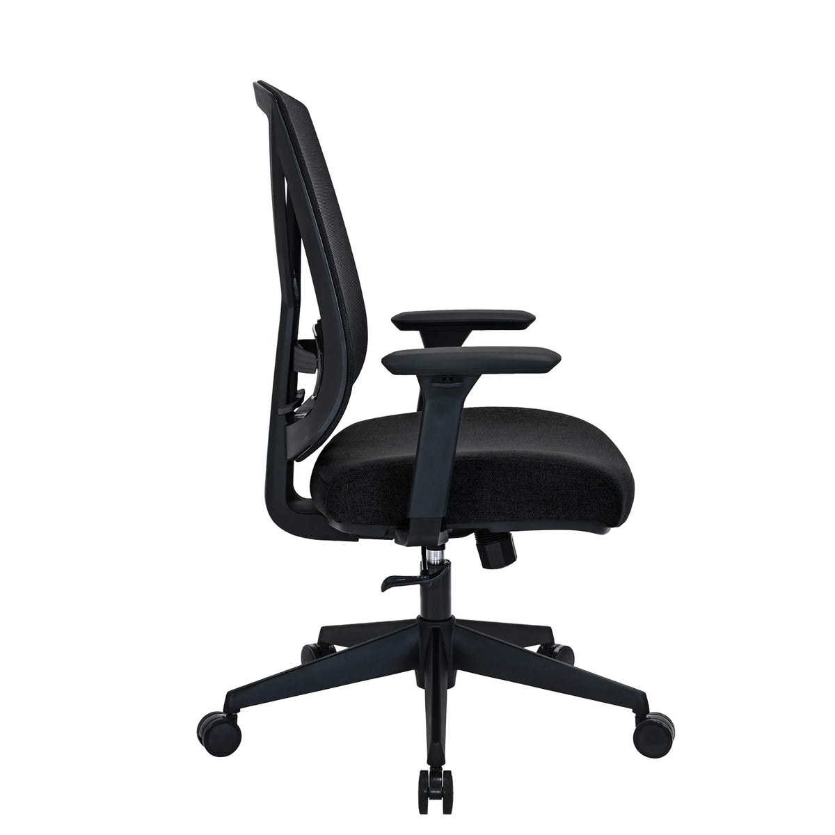 Vue latérale du Siège de bureau de qualité professionnelle Mirou en noir avec accoudoirs et piètement à roulettes de hjh OFFICE