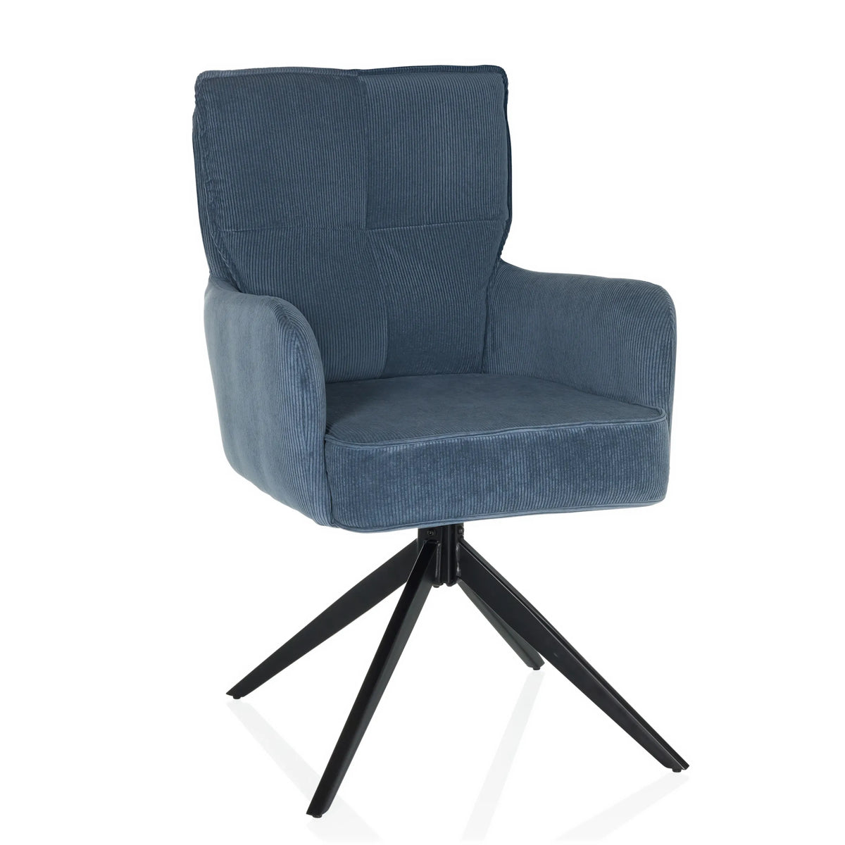 Chaise rembourrée bleue TARUGO avec revêtement en velours côtelé et piètement noir à quatre pieds de hjh LIVING – vue à 360° (vue de face 15°)