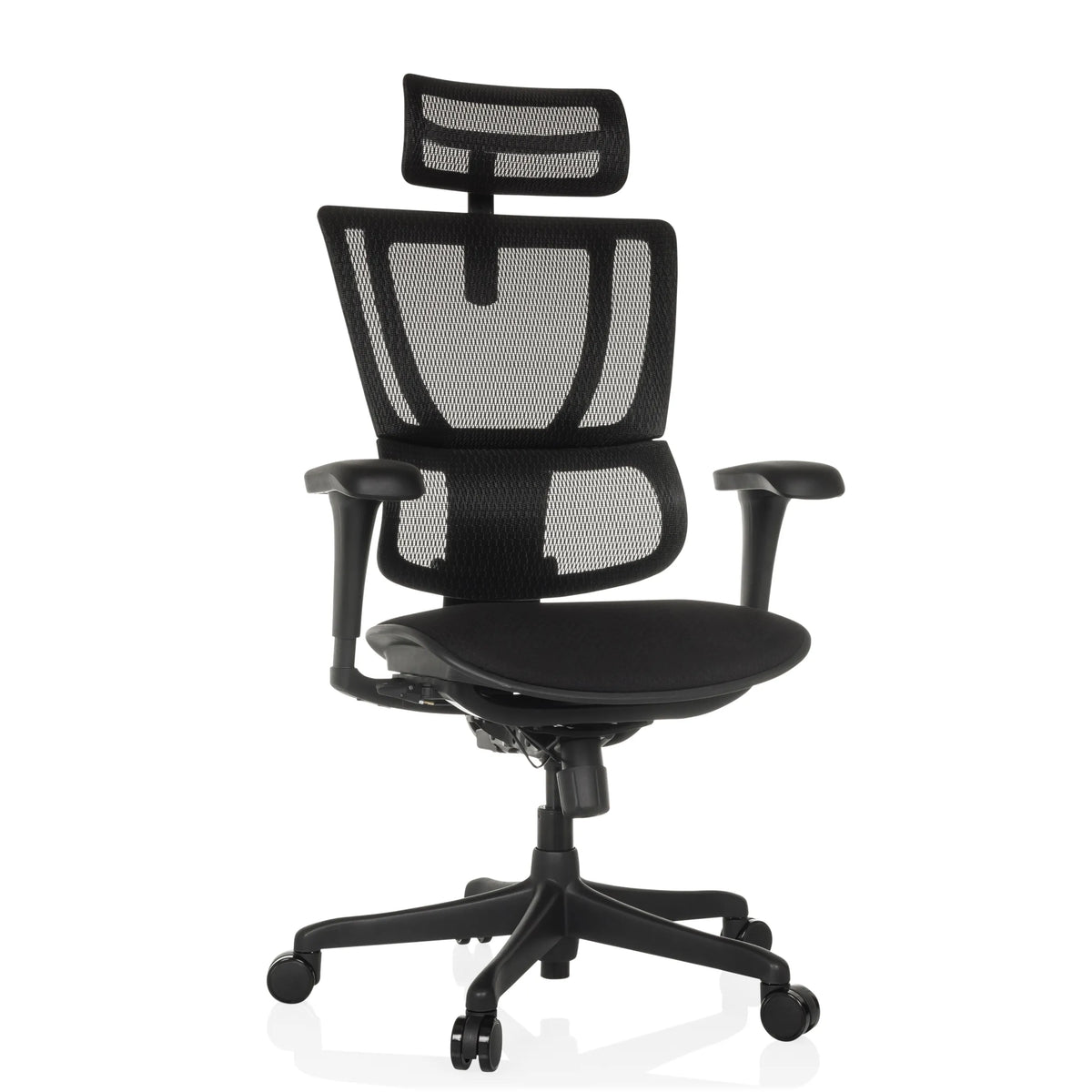Siège de direction de luxe ERGOHUMAN SLIM ECO F GEN2 noir avec dossier en maille et base à cinq roulettes de hjh OFFICE – vue à 360° (vue de face 15°)