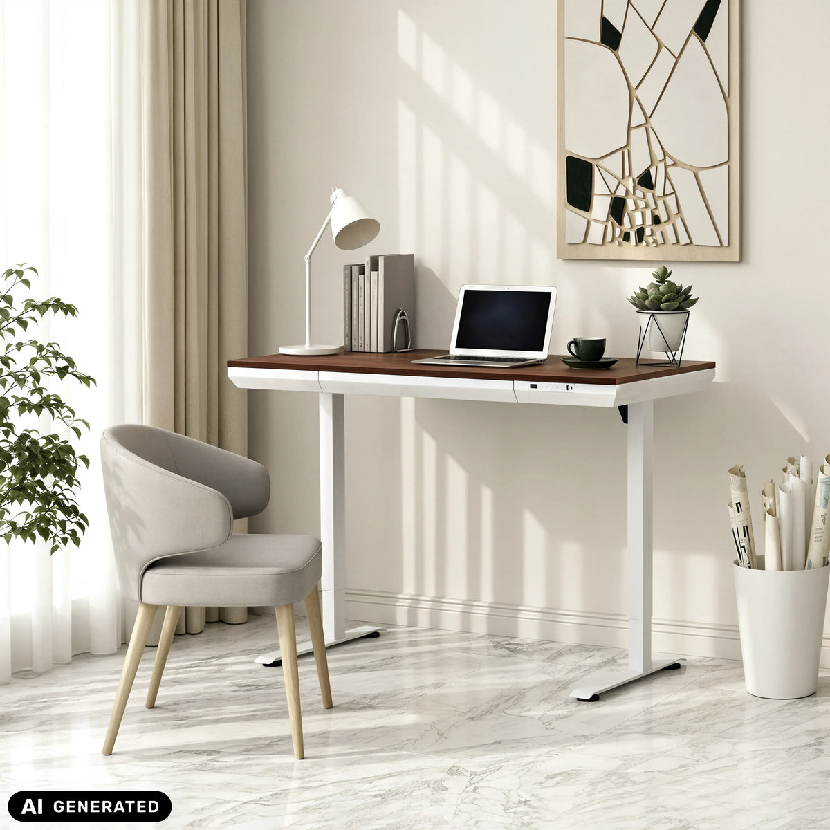 Bureau réglable en hauteur électriquement Worktime Plus en noyer et blanc de hjh OFFICE (image générée par IA)