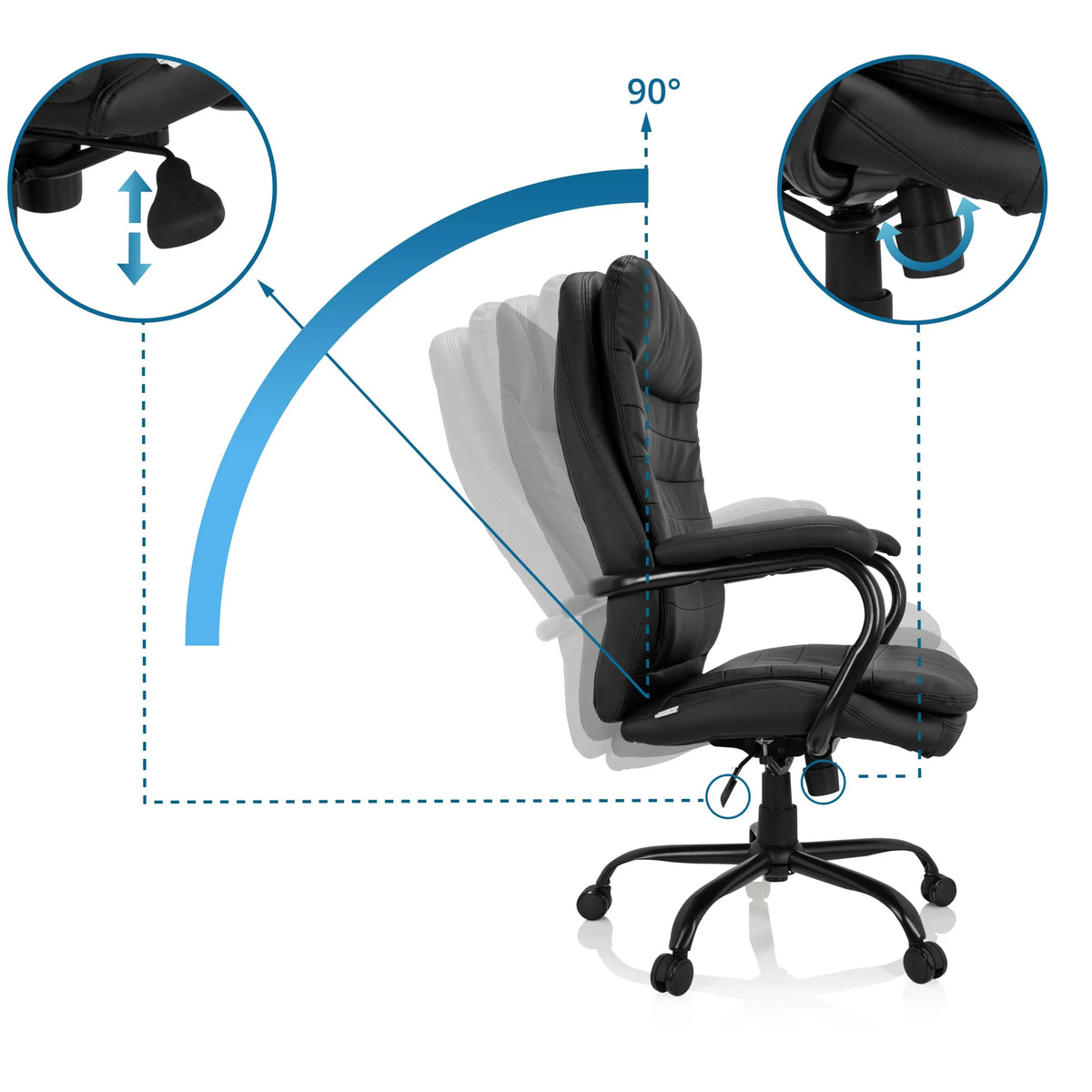 Dossier inclinable jusqu'à 90 degrés du Siège pivotant RELAX XXL B en similicuir noir de hjh OFFICE