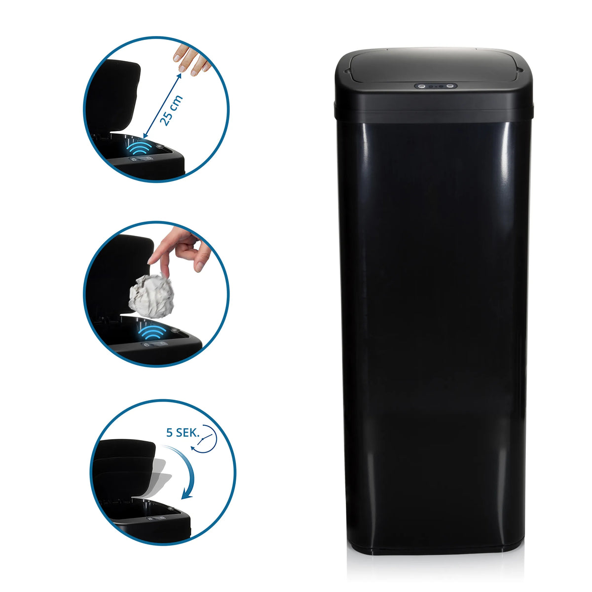 Poubelle à capteur CLEAN V en noir avec une distance de capteur de 25 cm et ouverture automatique du couvercle de hjh OFFICE