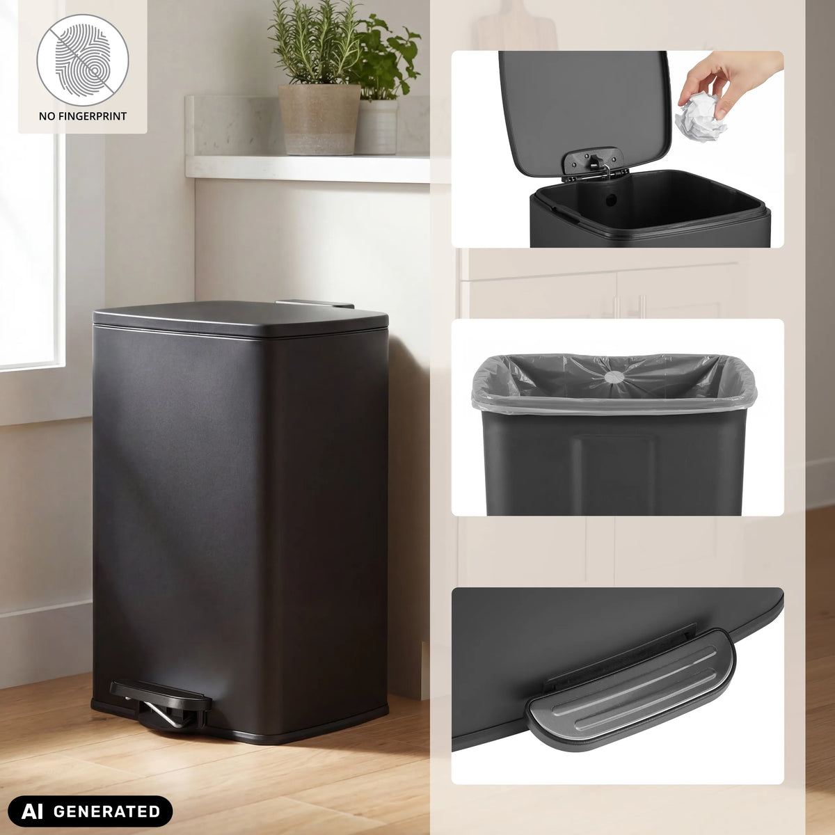 Poubelle Clean Step 3 noire avec pédale et support pour sacs poubelle de hjh OFFICE (image générée par IA)