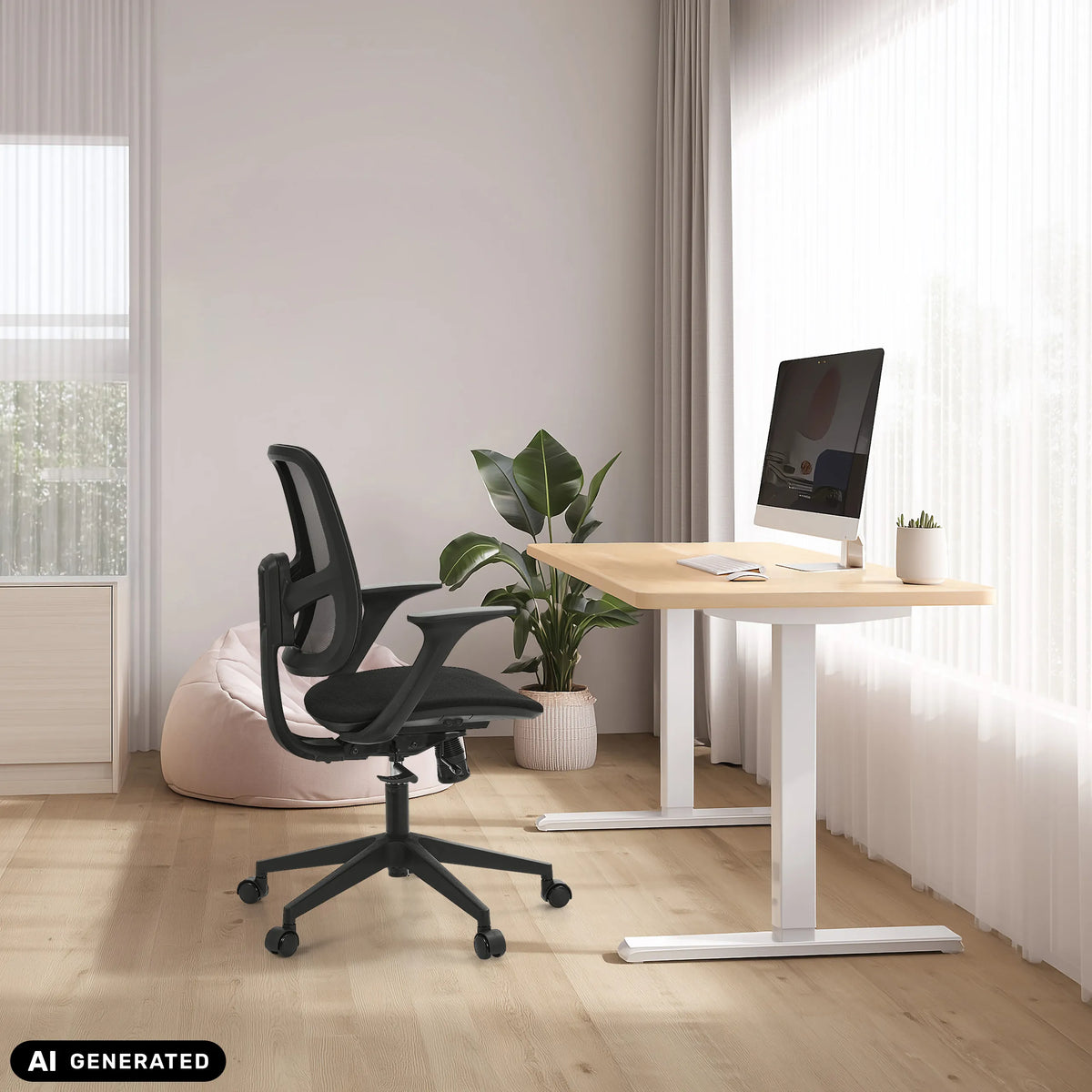 Siège de bureau à domicile Malio en noir à un bureau réglable en hauteur de hjh OFFICE (image générée par IA)