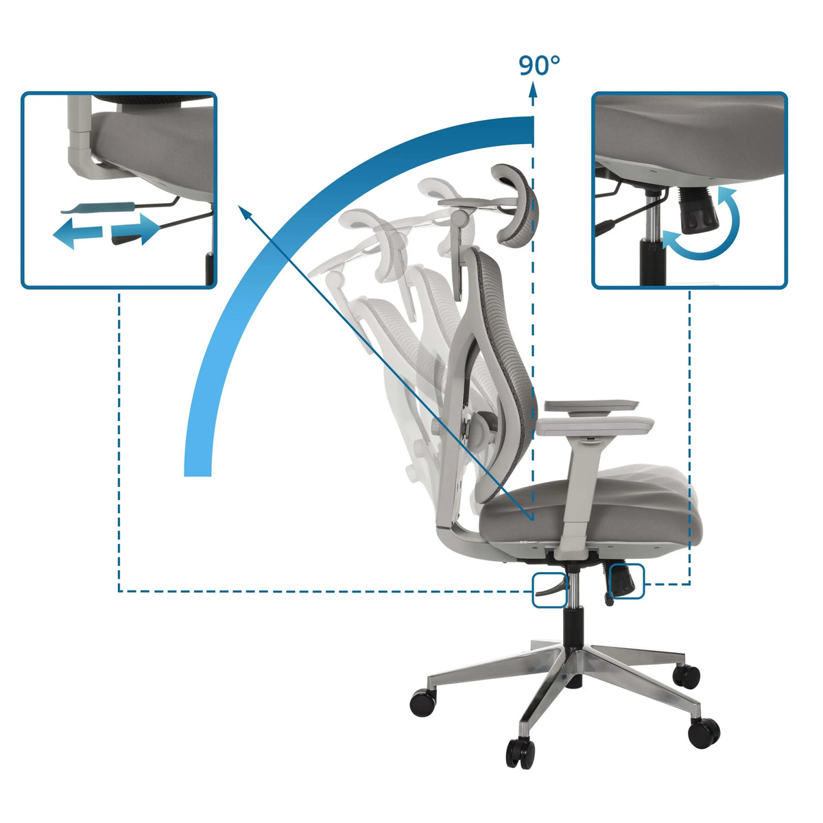 Dossier réglable avec angle d'inclinaison de 90 degrés du siège de bureau haut de gamme CASSILIS W de hjh OFFICE