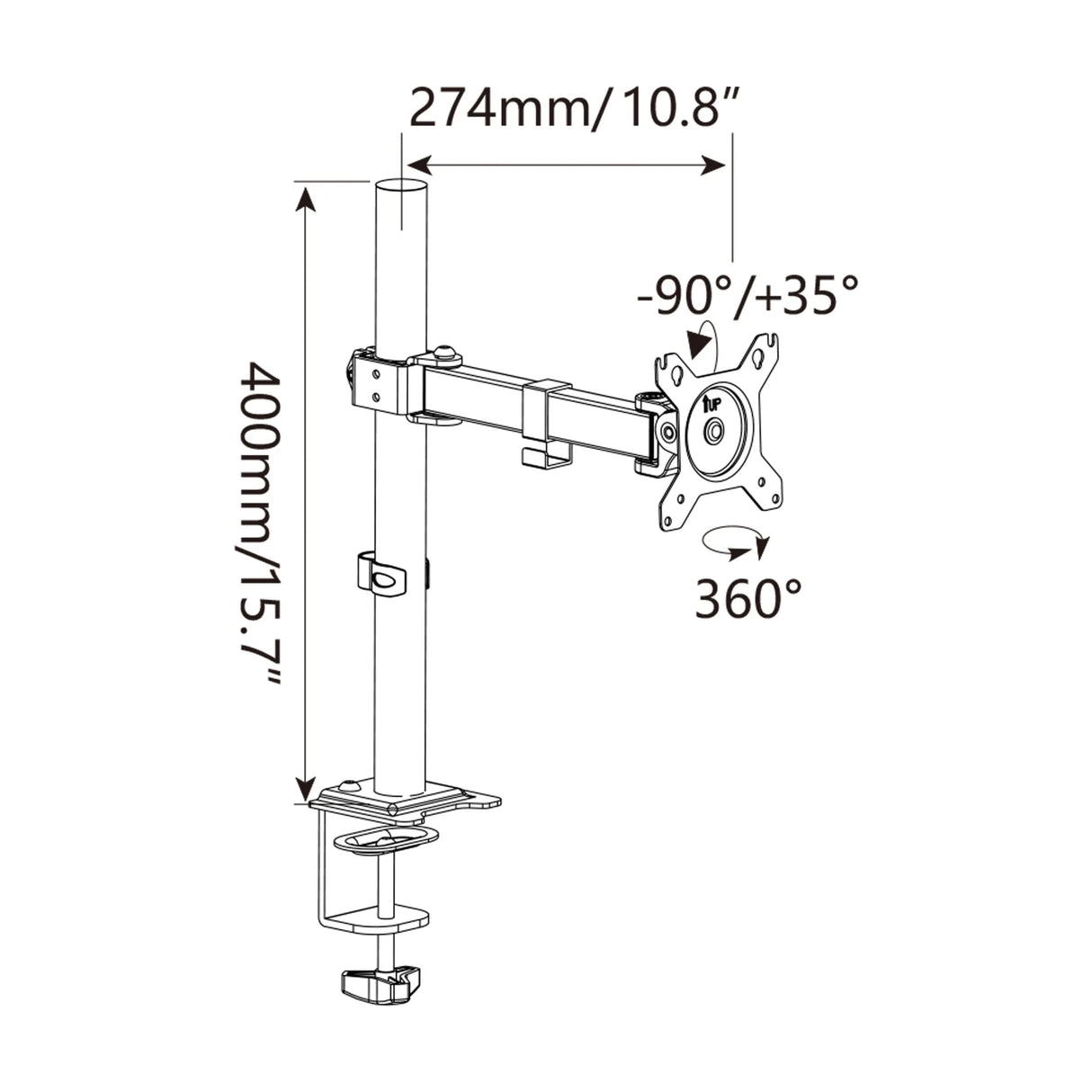 Dessin technique de la Fixation pour écran Ergomount M1 d'une hauteur de 400 mm de hjh OFFICE