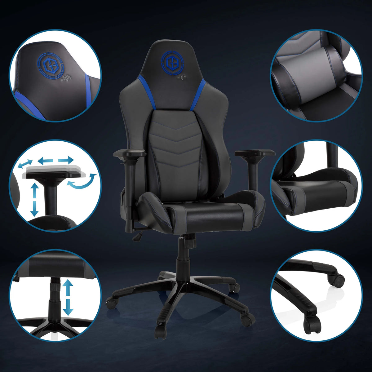Fauteuil Gamer GAMEBREAKER POLARYS I en gris-bleu avec vues détaillées des accoudoirs, du vérin à gaz et des roulettes de hjh OFFICE