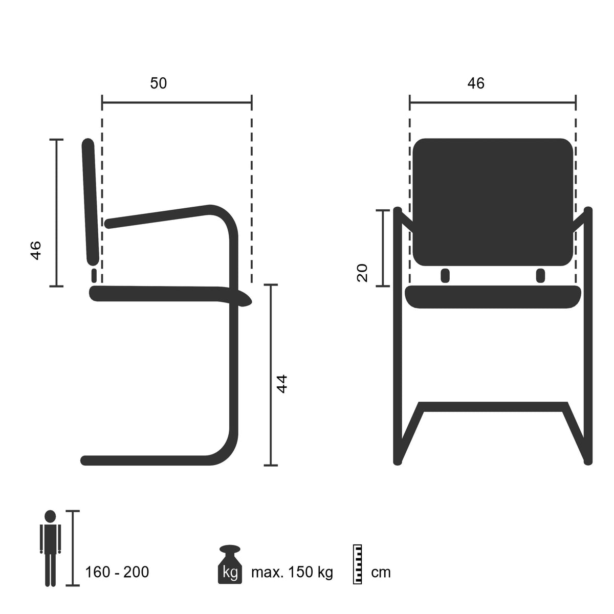 Dessin technique de la Chaise cantilever LEVIA V avec une hauteur d'assise de 44 cm de hjh OFFICE