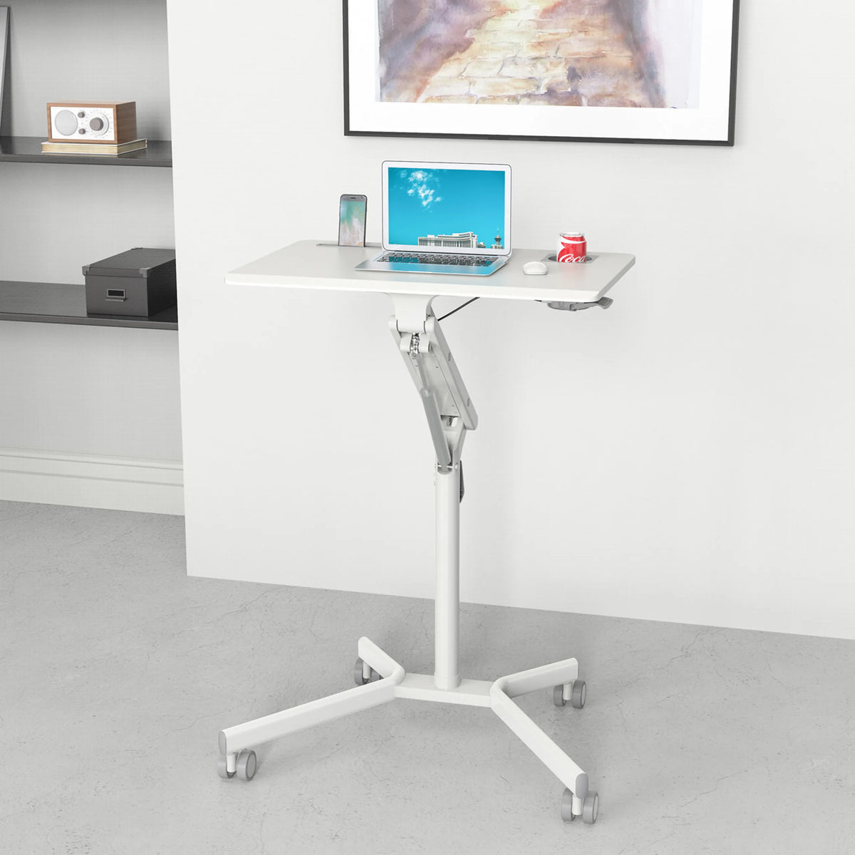 Bureau assis-debout blanc STAND VM-SU I avec châssis réglable en hauteur et pied en étoile à roulettes de hjh OFFICE