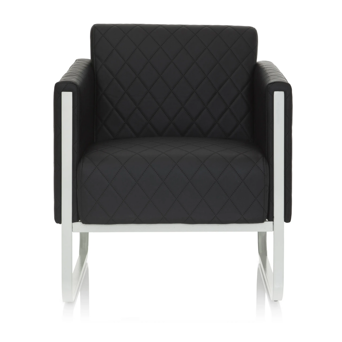 Fauteuil rembourré noir ARUBA STEP avec surpiqûres en losanges et structure argentée de hjh OFFICE – vue à 360° (vue de face 0°)