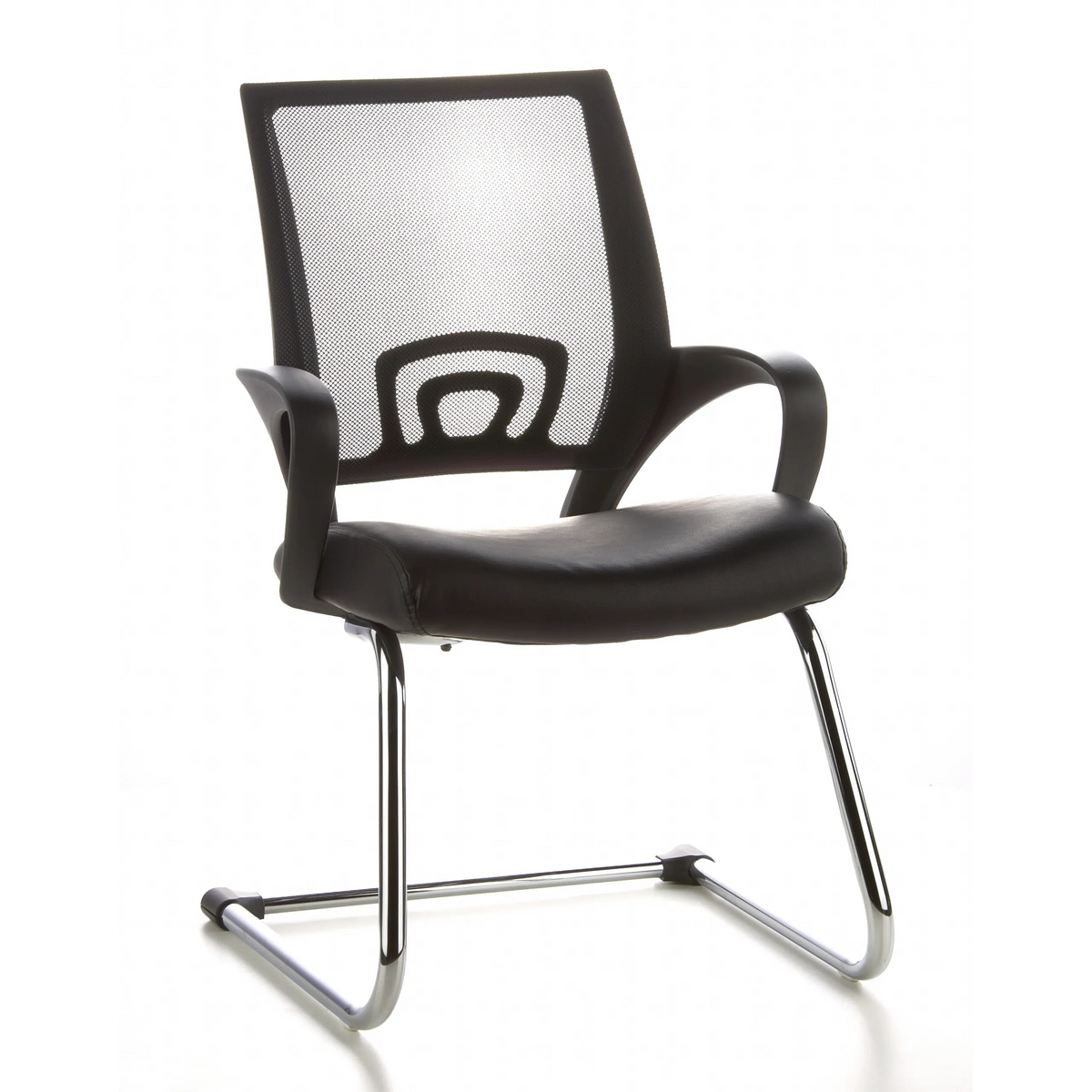 Chaises cantilever VISTO NET V noires avec dossier en maille, assise rembourrée et accoudoirs de hjh OFFICE – vue à 360° (vue de face 20°)