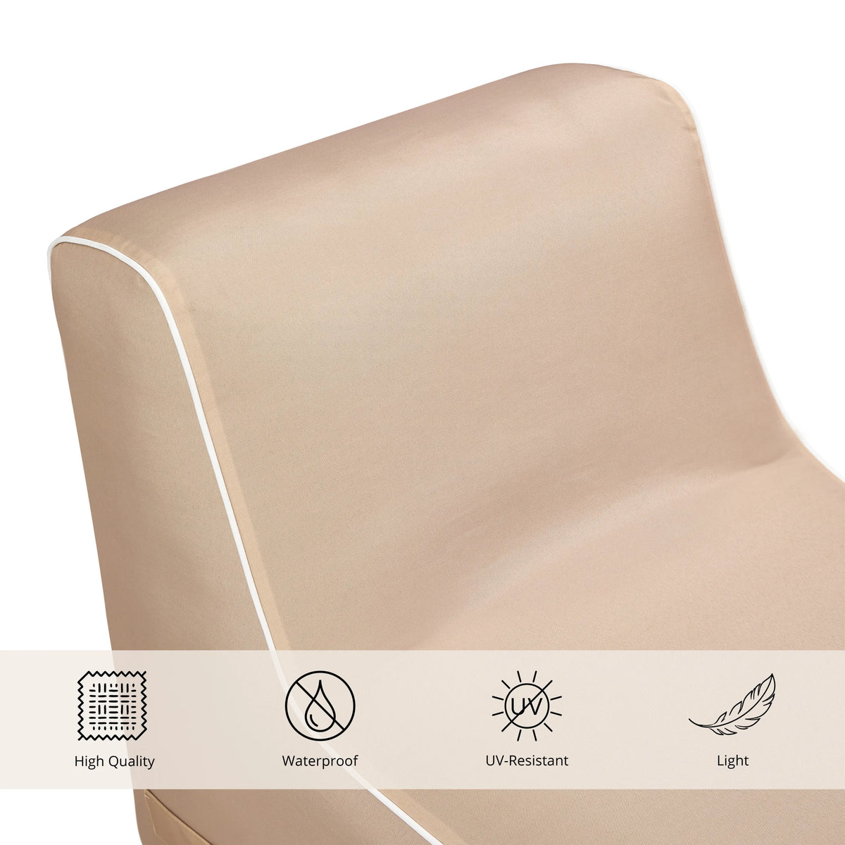 Beiges Materialdetail des Luftsofas Sitzolo Air mit Symbolen für Wasserfestigkeit und UV-Beständigkeit von hjh LIVING