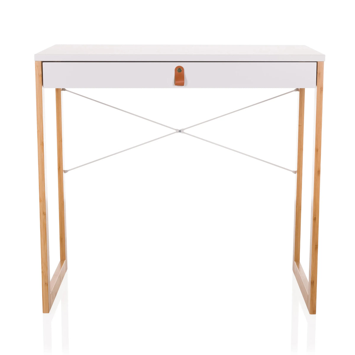 Weißer Schreibtisch TAROLO II mit einer Schublade, braunem Ledergriff und Holzbeinen von hjh LIVING – 360-Grad-Ansicht (Frontansicht 0°)