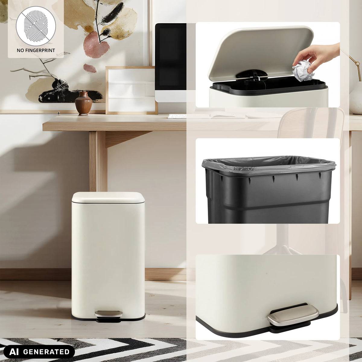 Poubelle Clean 1 beige avec pédale, seau intérieur et couvercle ouvert de hjh OFFICE (image générée par IA)