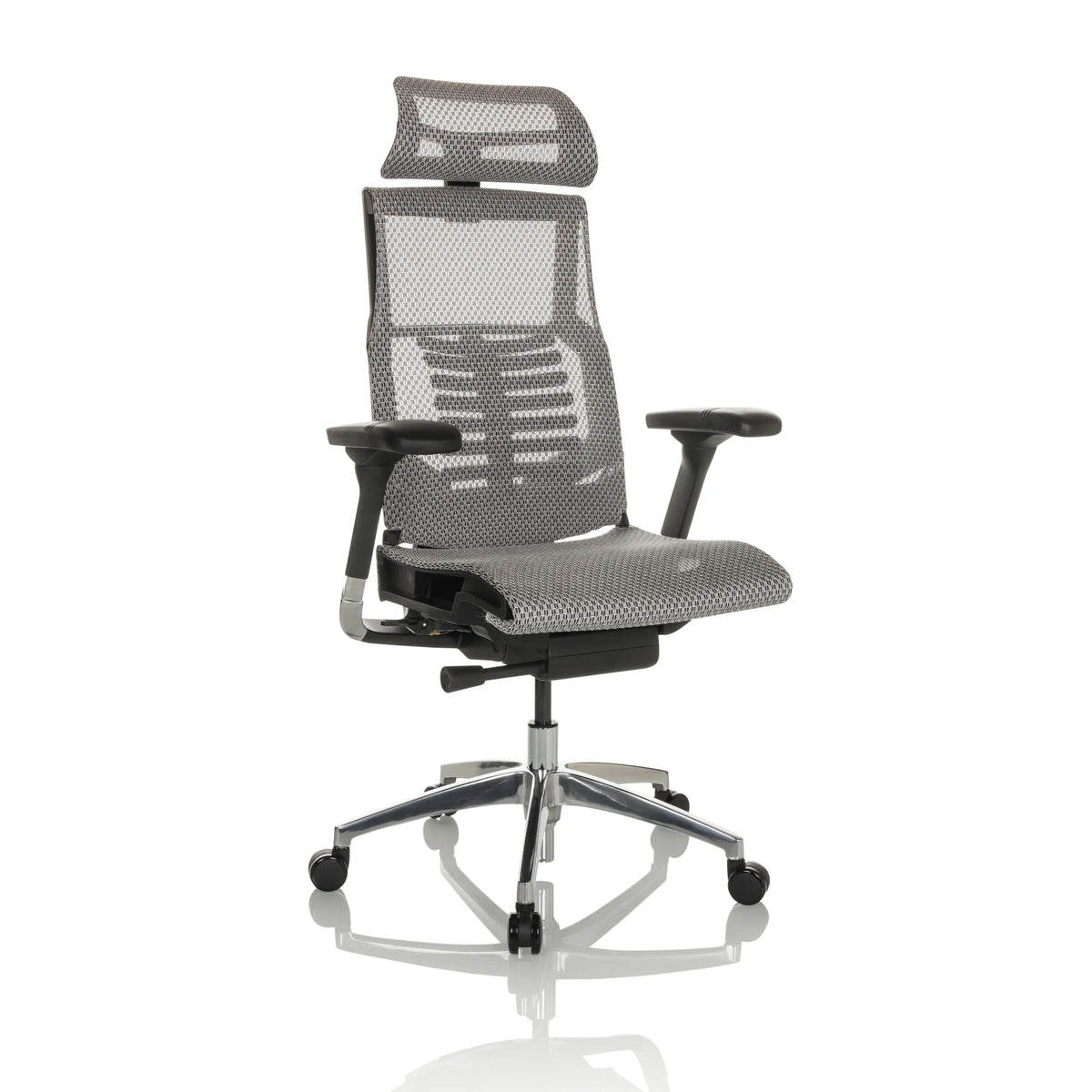 Siège de bureau haut de gamme POFIT GEN2 gris clair avec dossier en maille et piètement à cinq roulettes de hjh OFFICE – vue à 360° (vue de trois quarts avant 30°)