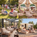 Canapés gonflables Sitzolo Air beiges dans différents espaces extérieurs de hjh LIVING (image générée par IA)