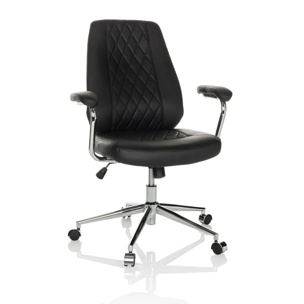 Siège de direction pour bureau à domicile THEO I noir avec dossier capitonné et base à cinq roulettes de hjh OFFICE – vue à 360° (vue de face 15°)