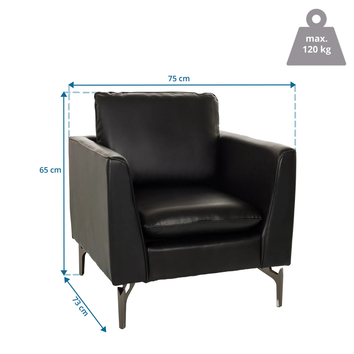Dessin coté du Fauteuil de salon BAVERO avec 75 x 65 cm et une charge maximale de 120 kg de hjh OFFICE