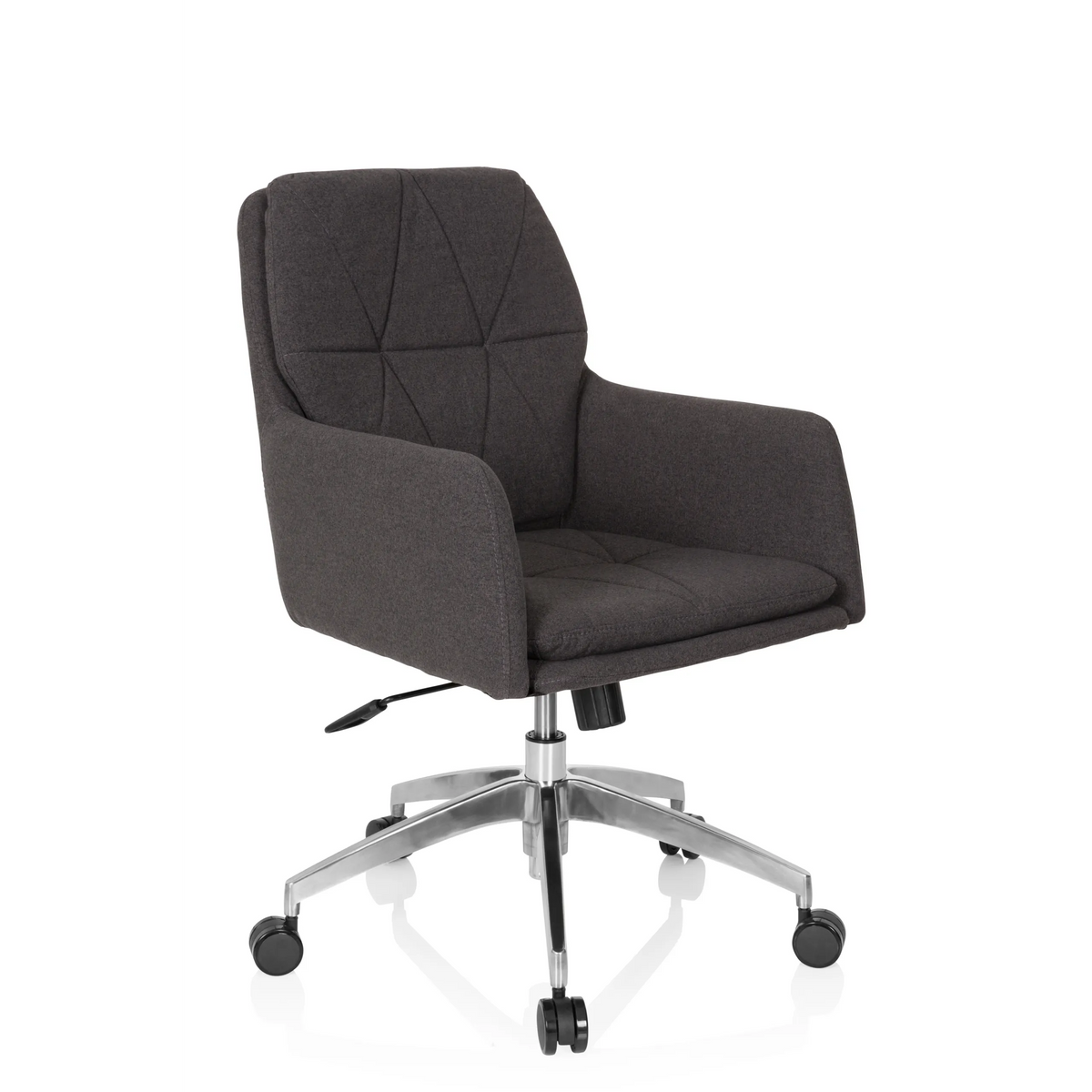 Siège de bureau à domicile SHAKE 350 gris foncé avec motif surpiqué et base à cinq roulettes de hjh OFFICE – vue à 360° (vue de trois quarts avant 40°)