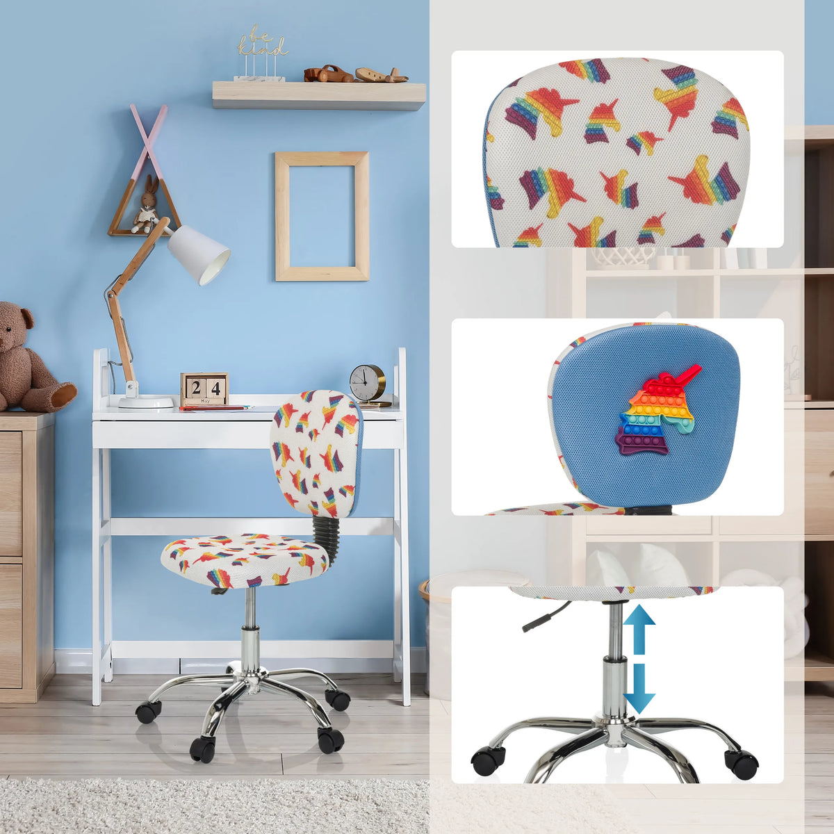 Chaise pivotante pour enfants KID BUBBLE avec motif arc-en-ciel, jouet pop-it sur le dossier et pied réglable en hauteur de hjh OFFICE
