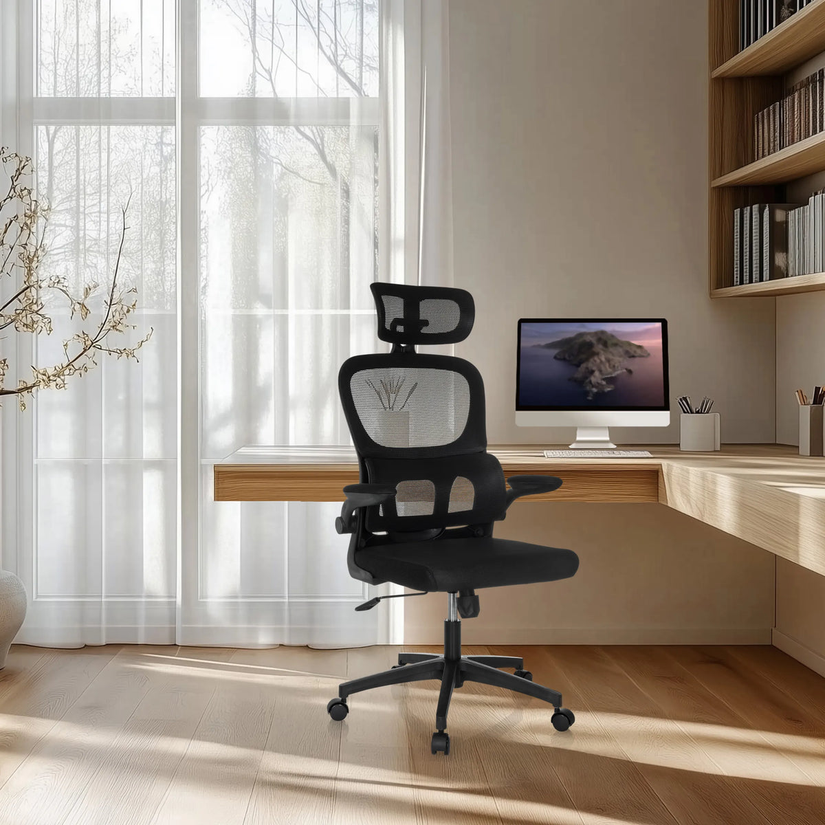 Siège de bureau à domicile ERGOMY FLEX noir avec dossier en maille et appuie-tête de MyBuero