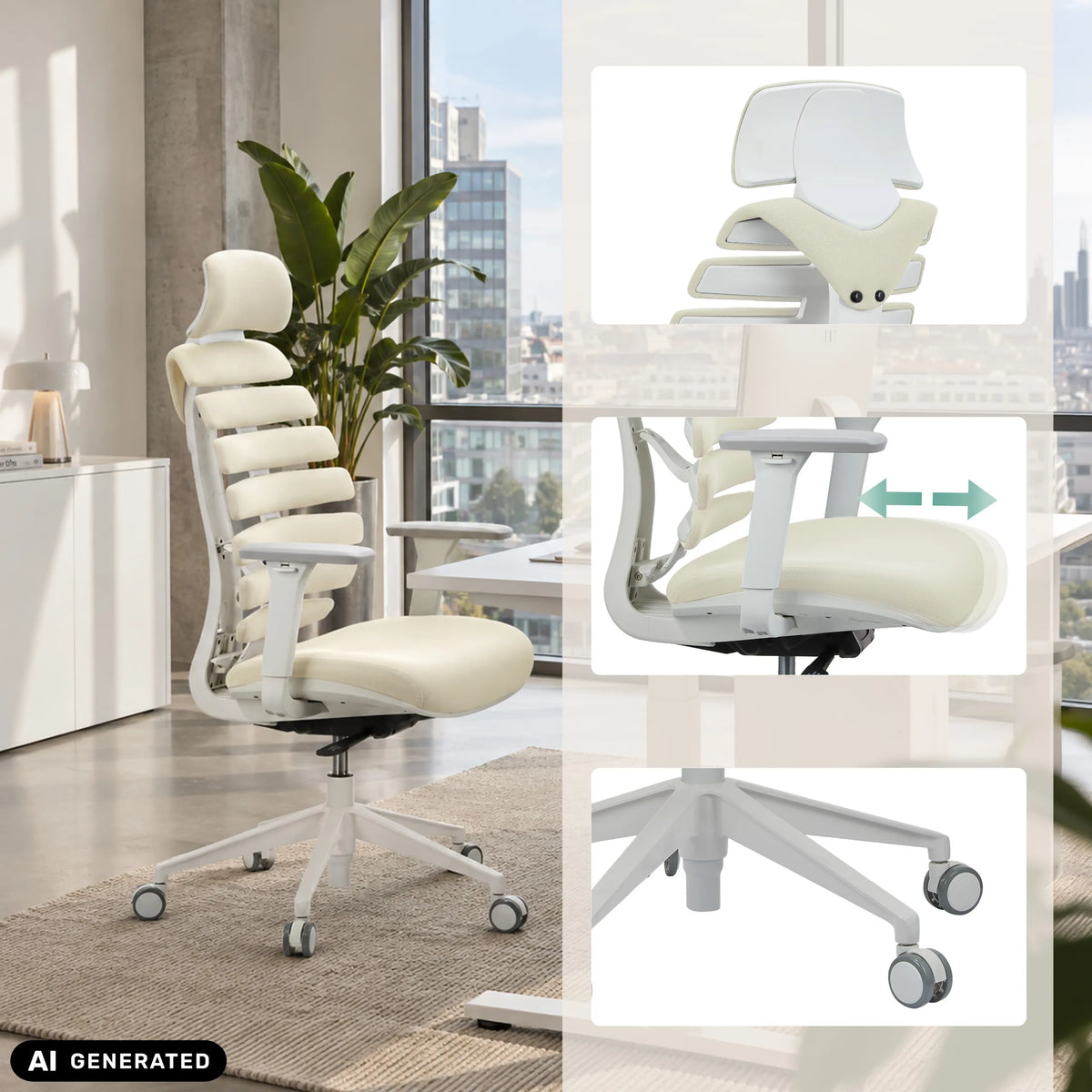 Siège de bureau de qualité professionnelle ERGO LINE W blanc avec accoudoirs réglables et piètement à roulettes de hjh OFFICE (image générée par IA)
