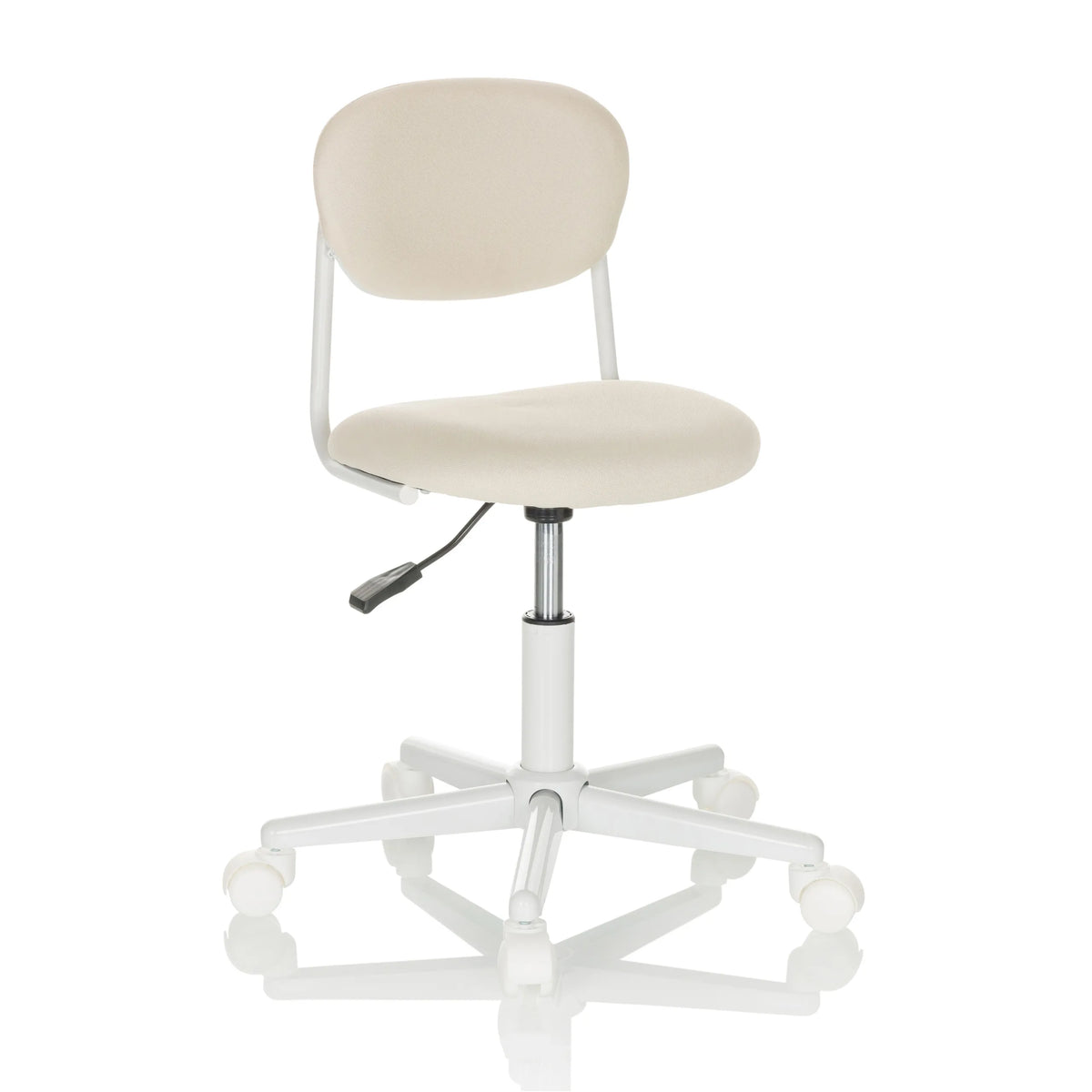 Chaise pivotante pour des enfants KIDDY BASE I beige avec rembourrage et base blanche à cinq roulettes de hjh OFFICE – vue à 360° (vue de trois quarts avant 30°)